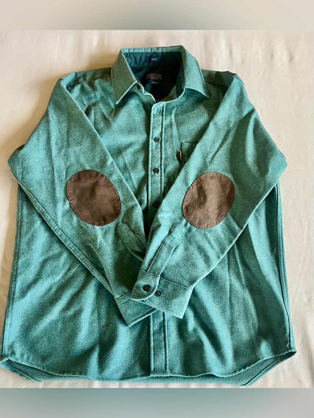 Pendleton Trail Shirt Men’s Green Button-Down Wool Brown Elbow Patch | Size L